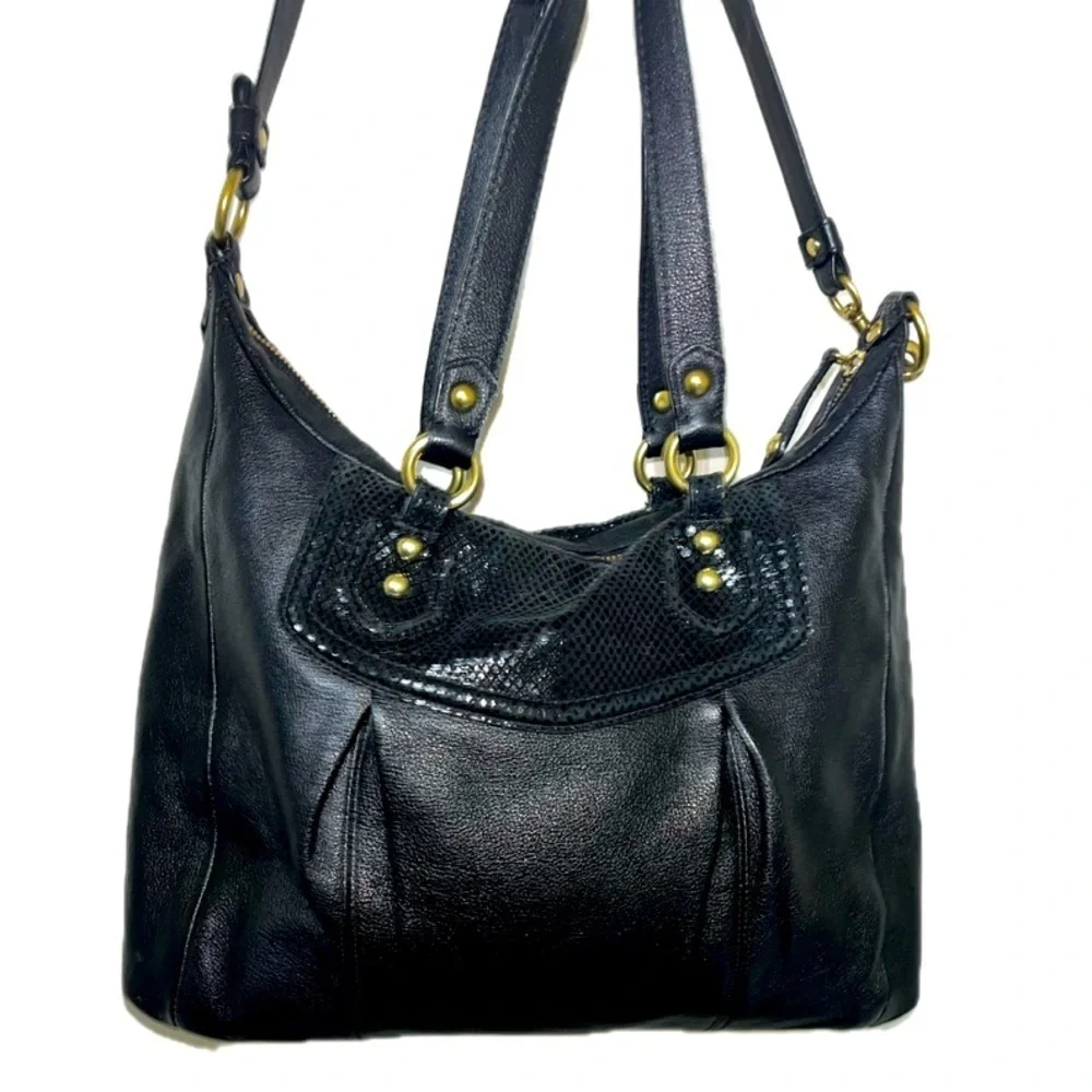 COACH Ashley Black Leather Python Trim Purse Shoulder Hobo Handbag F20104